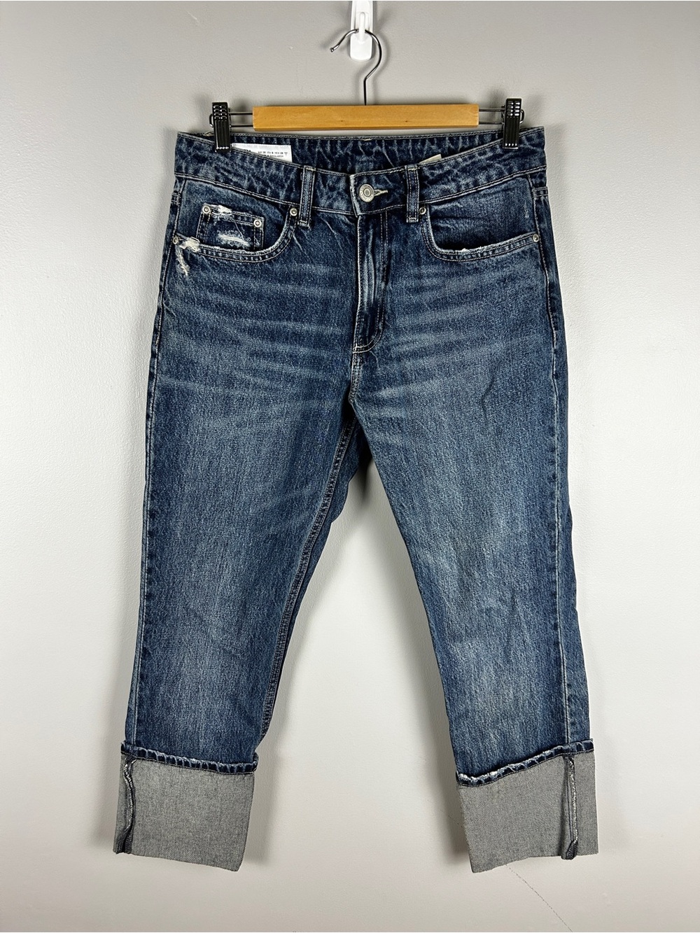 ZARA Straight Leg Cuffed Jeans Sz 6 Cotton French Ankle Mid Rise